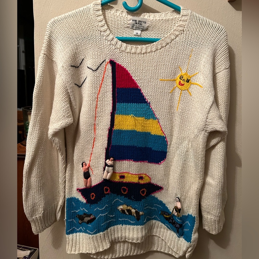 HANDCRAFTED sailboat sweater w/ 3D figures, & tell-tale on sail. From Peru. FUN!